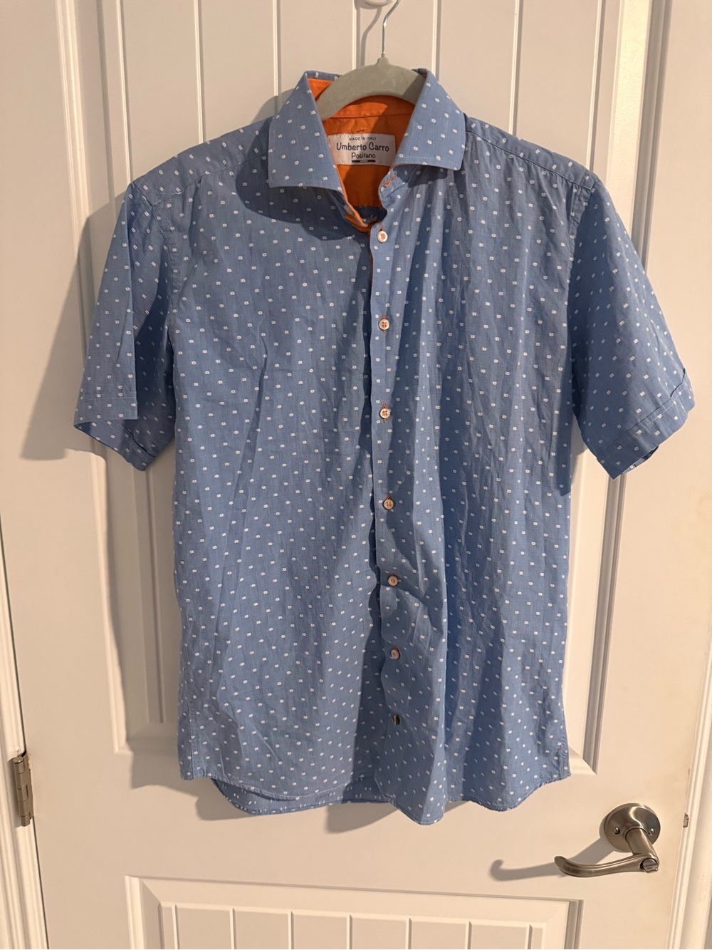 Umberto Carro Positano Men’s Italian Blue Geometric Button Front Shirt Size 38